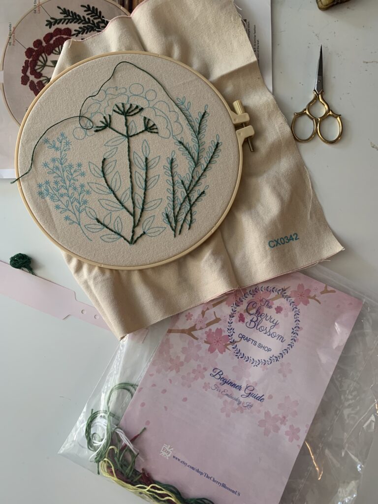 Beginning of embroidery project on canvas