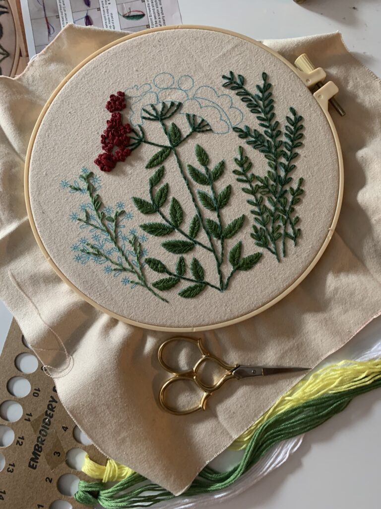 In progress photo of an embroidery project of some flowers on canvas